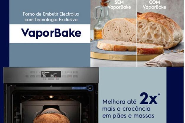 Forno de embutir com tecnologia VaporBake e comparação de pão com e sem vapor
