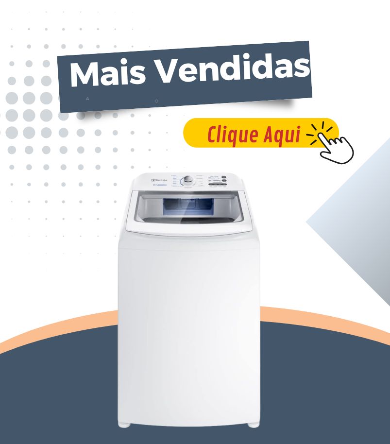 banner-maquina-de-lavar-roupas-mais-vendidos Lavadora de roupas branca com tampa superior e painel de controle frontal exibida em fundo gráfico