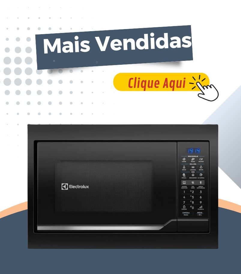 Micro-ondas de embutir Electrolux preto com painel digital lateral exibido em fundo gráfico