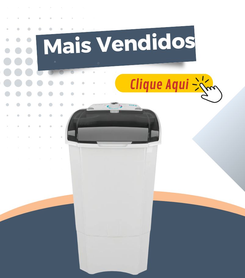 Tanquinho de lavar roupas branco com tampa preta exibido em fundo gráfico claro