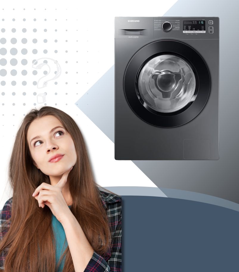 como-escolher-lava-e-seca Mulher pensativa observando máquina lava e seca frontal para escolher modelo ideal
