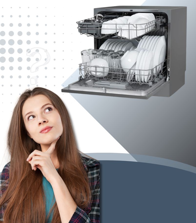 Pessoa pensativa ao lado de lava-louças aberta com pratos e copos