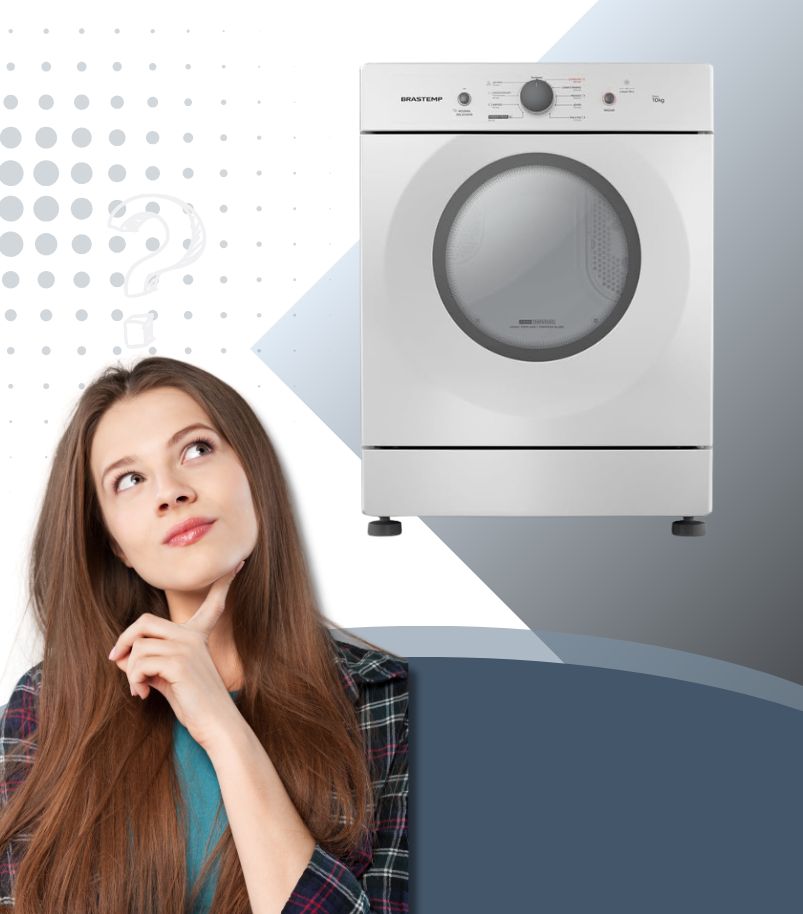 Mulher pensativa observando secadora de roupas branca para decidir qual modelo escolher