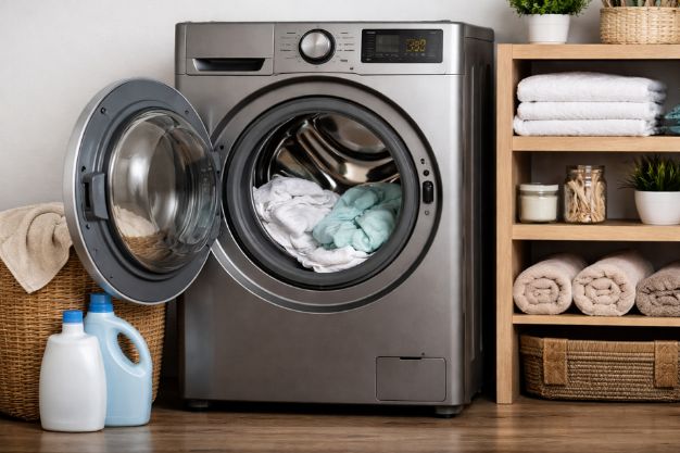 Máquina lava e seca frontal com porta aberta exibindo roupas no tambor em lavanderia doméstica