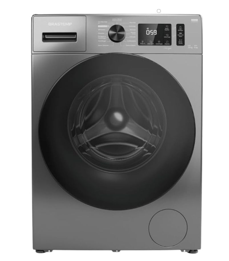 lava-e-seca-Brastemp-10kg-BNO10AS Máquina lava e seca Brastemp frontal inox com painel digital superior e porta circular ampla