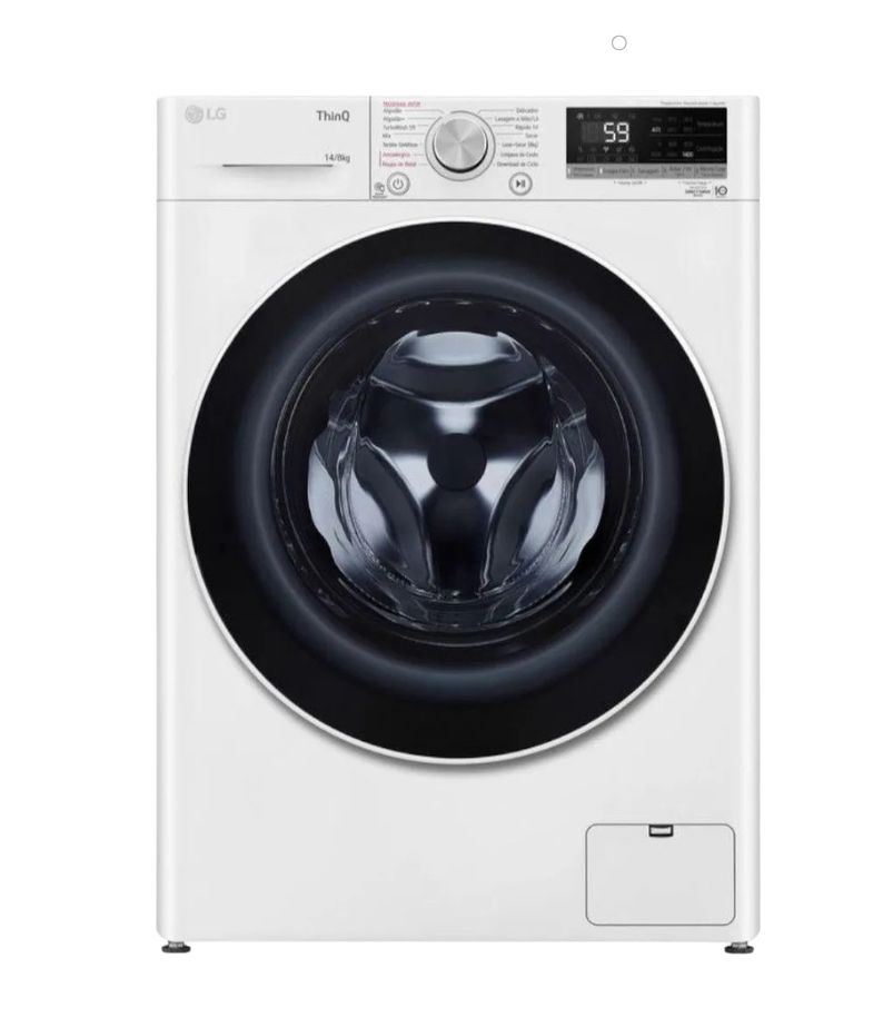 lava-e-seca-LG-14kg-VC4 Máquina lava e seca LG frontal branca com painel digital superior e porta circular ampla