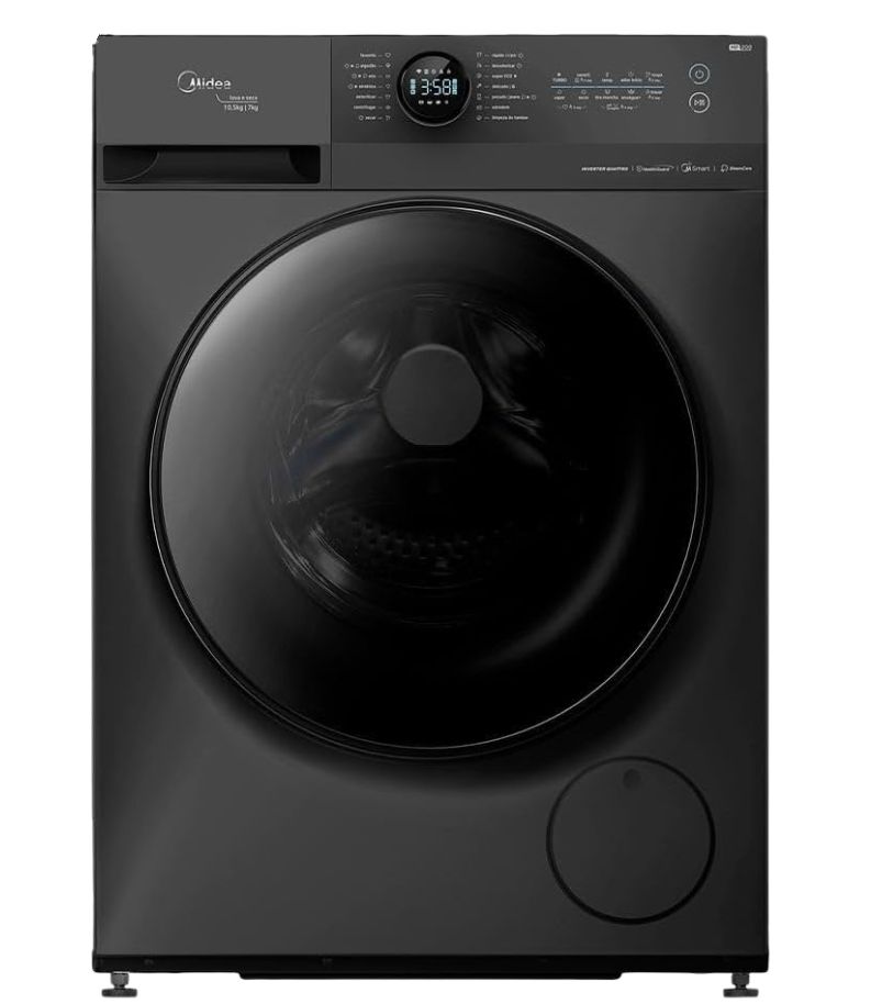 lava-e-seca-Midea-10-5kg-MF200D105 Máquina lava e seca Midea frontal preta com painel digital central e porta circular ampla
