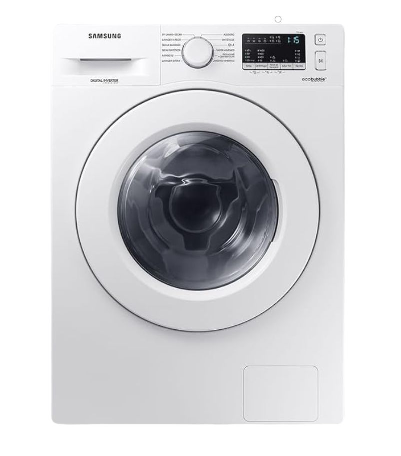 lava-e-seca-Samsung-10-1kg-WD10M Máquina lava e seca Samsung frontal branca com painel digital e porta circular transparente