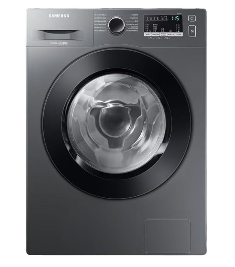 lava-e-seca-Samsung-7kg-WD11M Máquina lava e seca Samsung frontal cinza com painel digital e porta circular de vidro
