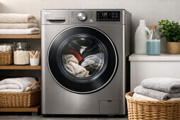 Máquina lava e seca LG em lavanderia moderna com roupas no tambor e itens organizados ao redor