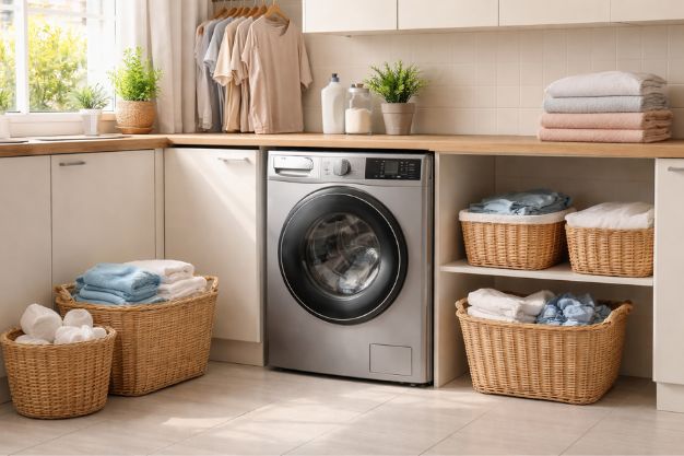 Máquina lava e seca instalada em lavanderia planejada com cestos de roupas e prateleiras organizadas