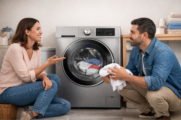 Casal conversando ao lado de uma máquina lava e seca em ambiente doméstico moderno