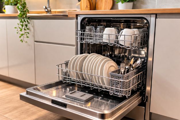 lava louças 10 serviços instalada em cozinha moderna com porta aberta e louças organizadas