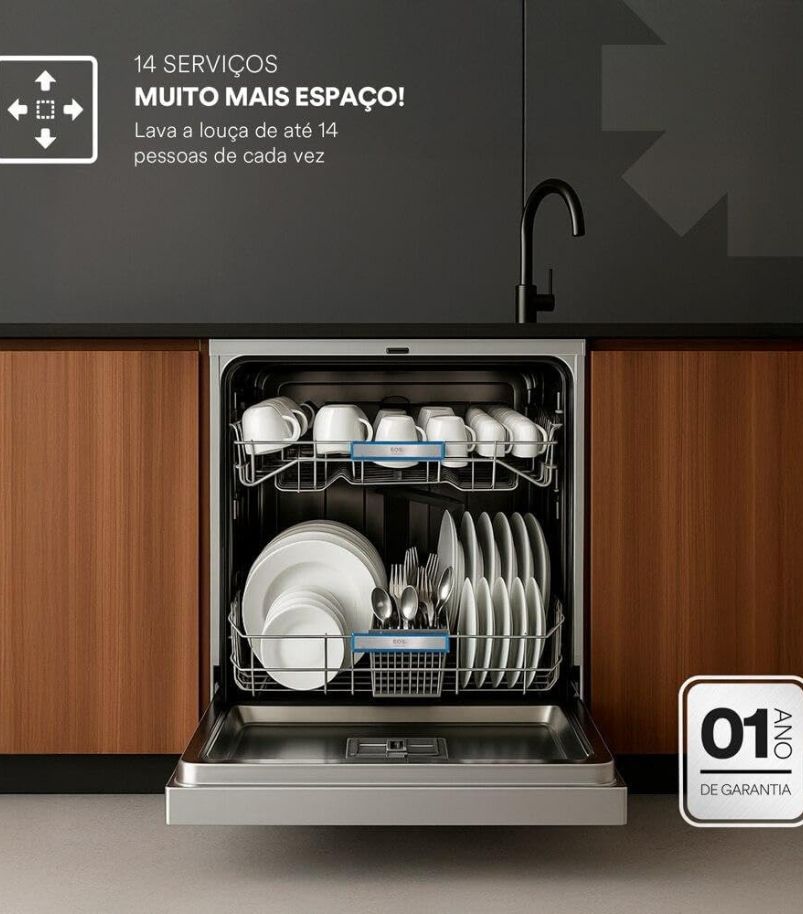 lava-loucas-14-servicos Lava-louças 14 serviços aberta com pratos, copos e talheres organizados nos cestos internos