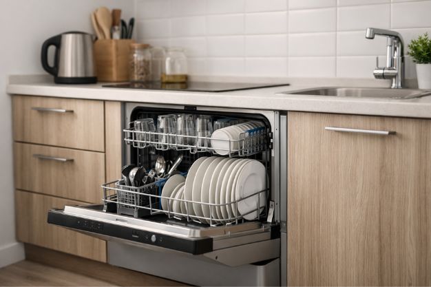 lava louças compacta 8 serviços instalada em cozinha pequena de apartamento