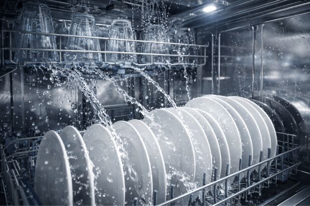 Interior de lava-louças com jatos de água lavando pratos organizados no cesto