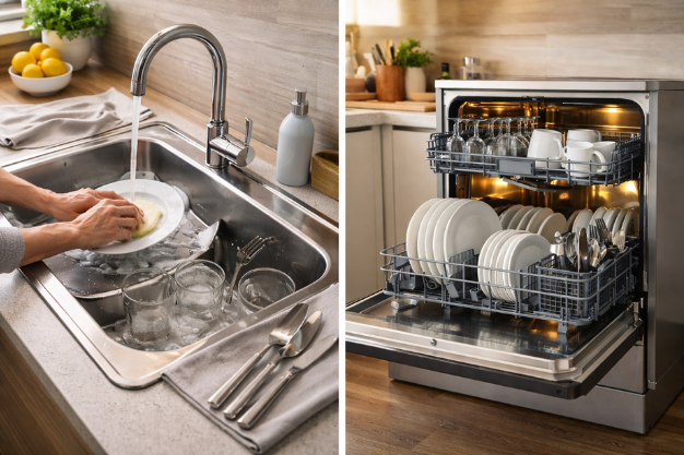 comparação entre lavagem de louça na pia e lava louças aberta com pratos organizados