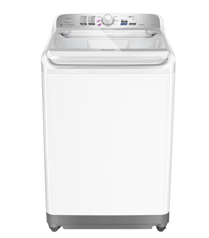 maquina-de-lavar-Panasonic-15kg-NA-F150B1W Máquina de lavar Panasonic 15 kg branca com abertura superior e painel de controle frontal