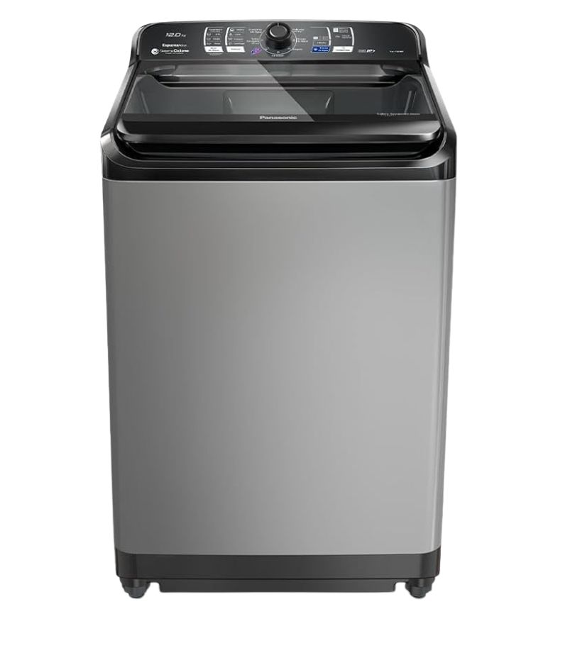 Máquina de lavar Panasonic 12 kg cinza com abertura superior e painel de controle digital