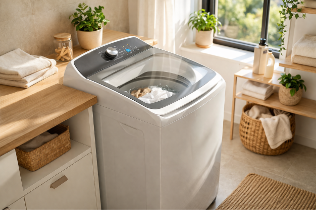 máquina de lavar moderna em lavanderia organizada com luz natural e roupas ao redor