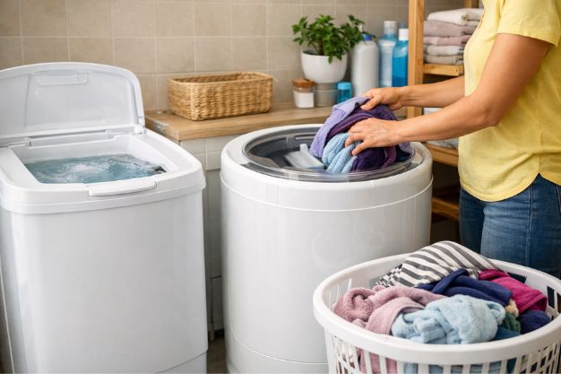 Centrífuga de roupas sendo usada em lavanderia doméstica ao lado de um tanquinho, com roupas sendo colocadas no cesto para centrifugação.