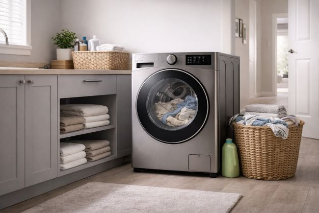 Máquina lava e seca frontal instalada em lavanderia doméstica com roupas no interior do tambor