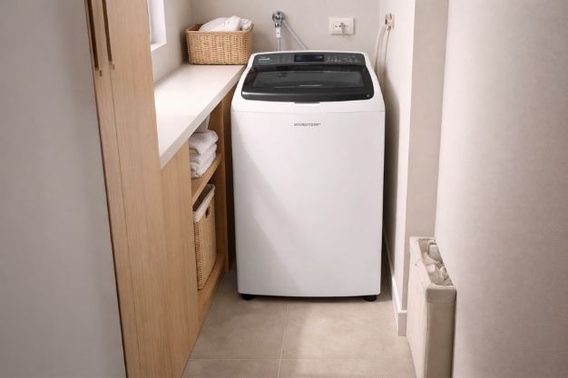 Máquina de lavar Brastemp instalada em lavanderia pequena com armários e espaço compacto