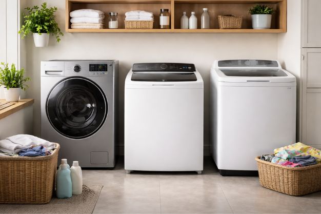 Lavanderia moderna com três máquinas de lavar roupa automáticas alinhadas, prateleiras com toalhas e cestos de roupas ao redor.