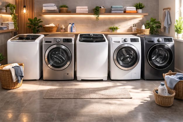 Diferentes máquinas de lavar roupas lado a lado em lavanderia mostrando opções de modelos e tamanhos