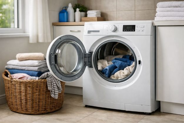 Secadora de roupas branca em lavanderia moderna com roupas no tambor e cesto organizado ao lado