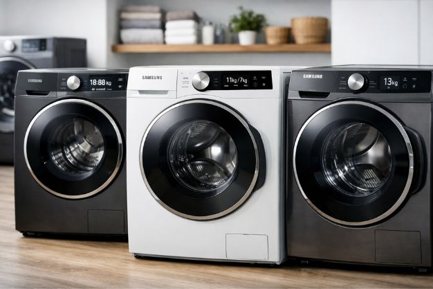 Lava e seca Samsung de diferentes capacidades (11kg, 13kg e 18kg) alinhadas em ambiente moderno