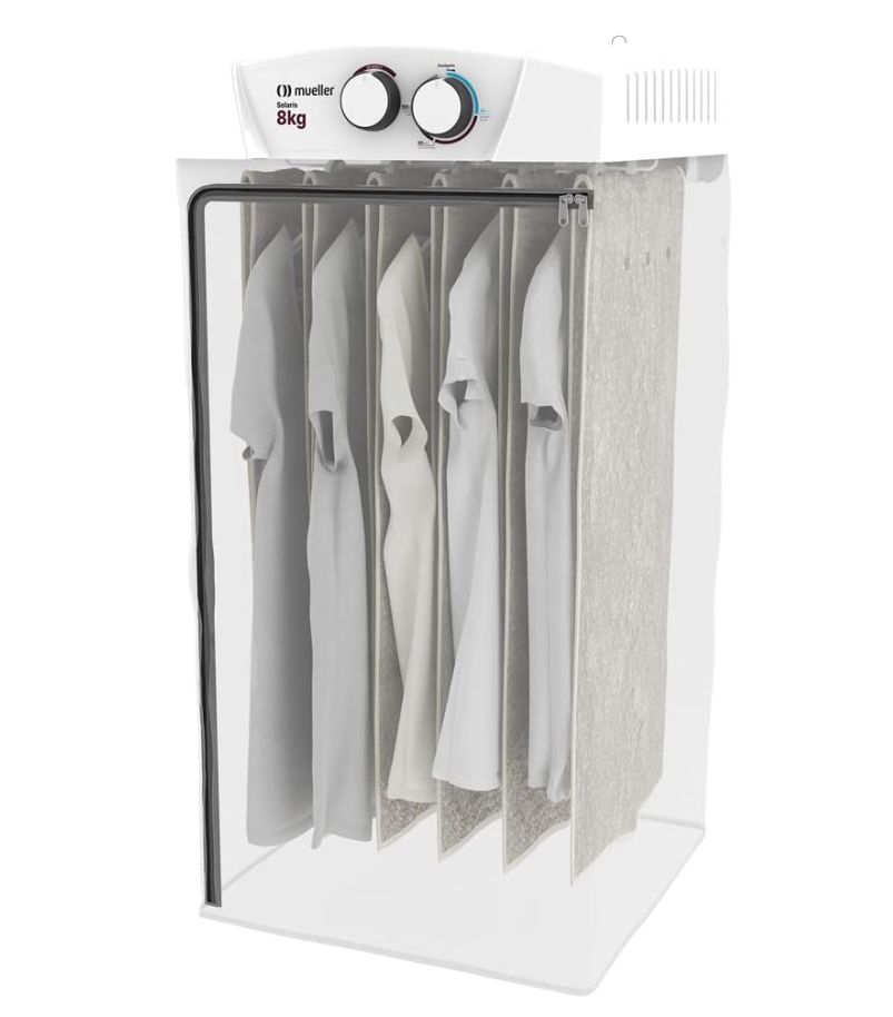secadora-de-roupas-Mueller-8kg-Solaris Secadora de roupas Mueller 8 kg com compartimentos internos e camisetas penduradas para secagem