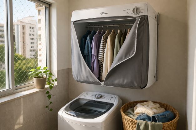 Secadora de roupas de parede instalada acima da máquina de lavar em lavanderia pequena de apartamento