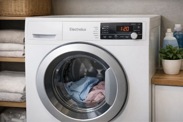 Secadora de roupas Electrolux branca em ambiente doméstico com roupas no tambor e painel digital visível