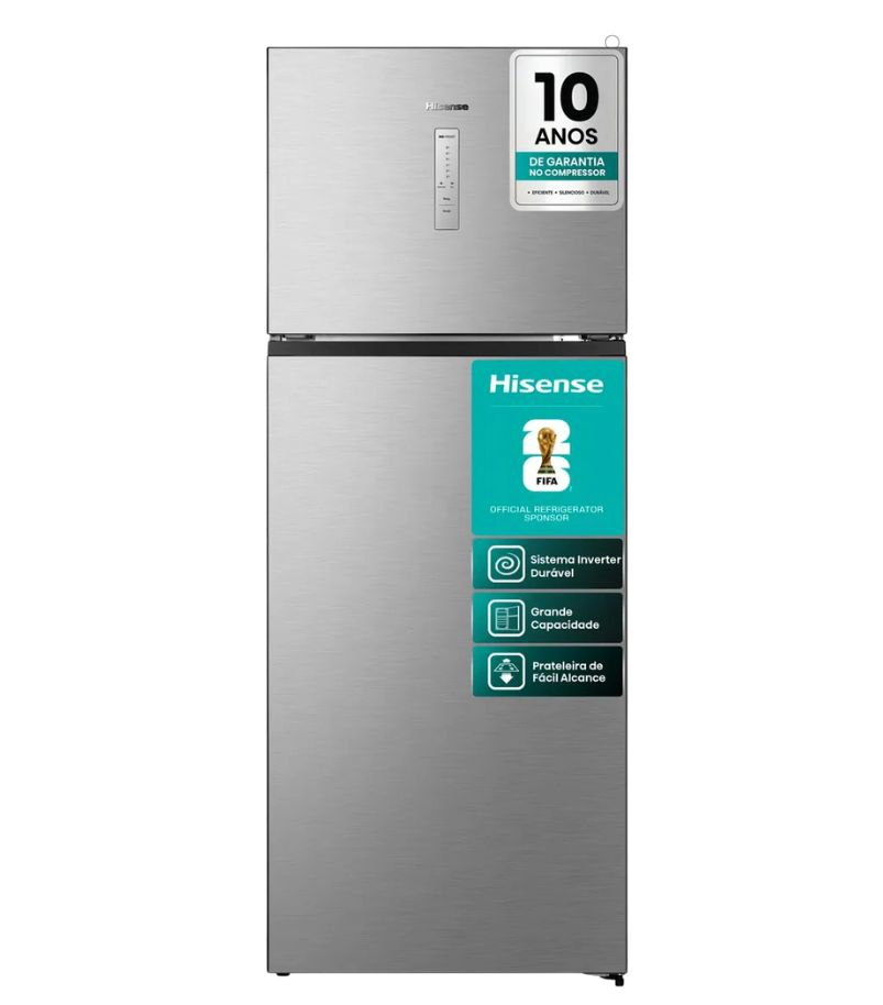 Hisense-Frost-Free-Inox-466l Geladeira Hisense duplex inox com painel externo na porta e acabamento em inox escovado