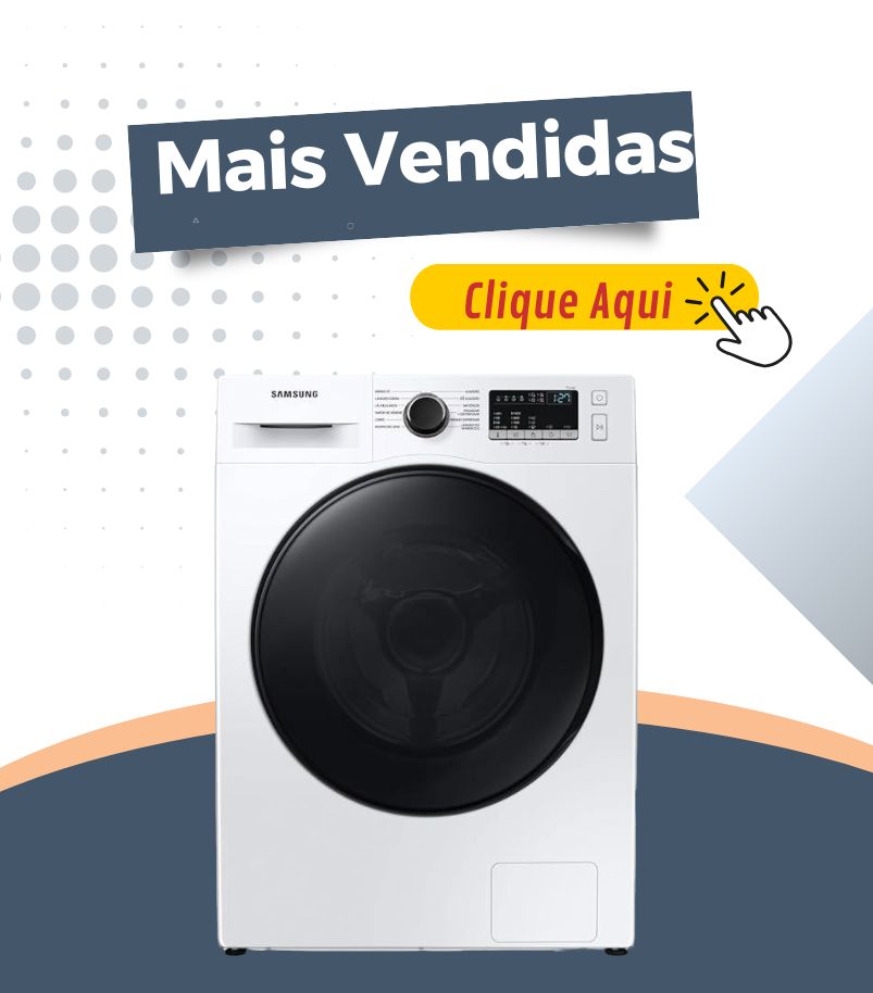 Máquina de lavar frontal branca com porta circular preta e painel digital superior