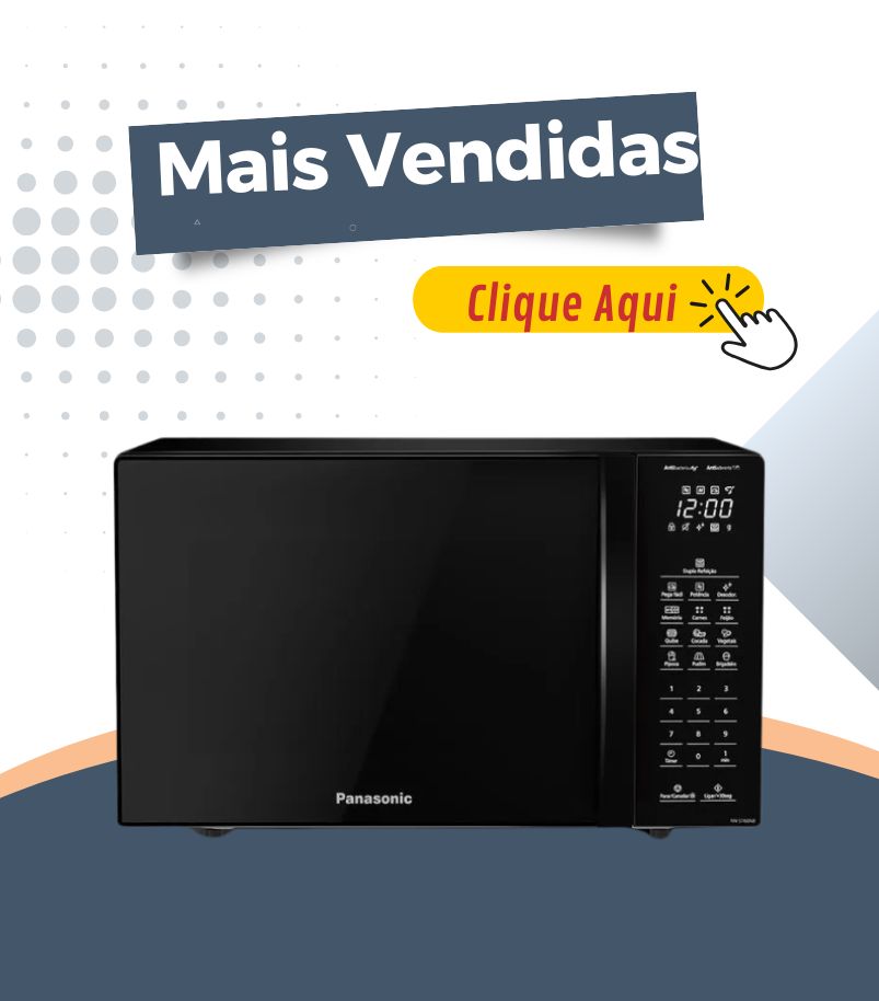Micro-ondas Panasonic preto com painel digital lateral e porta espelhada