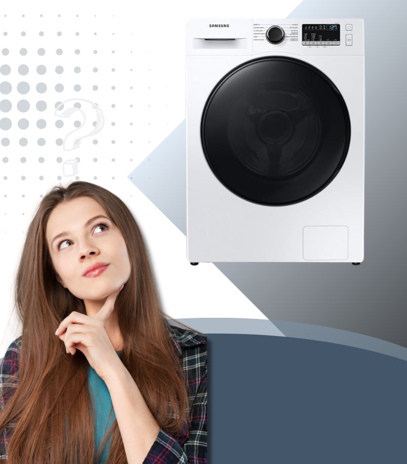 Mulher pensativa olhando para máquina de lavar frontal avaliando qual modelo escolher