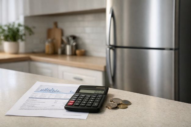 Geladeira em cozinha moderna com conta de energia e calculadora indicando consumo de energia doméstico