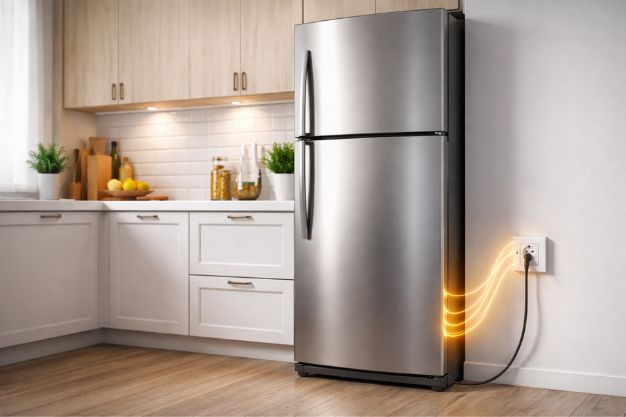 Geladeira em cozinha moderna conectada à tomada representando consumo de energia elétrica