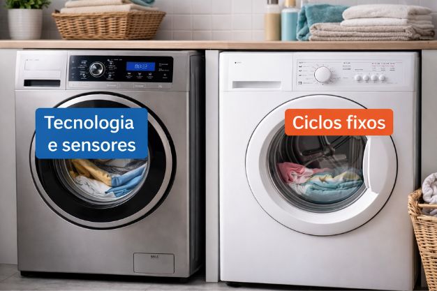 Duas secadoras de roupas lado a lado com diferenças de painel e funcionamento para comparação