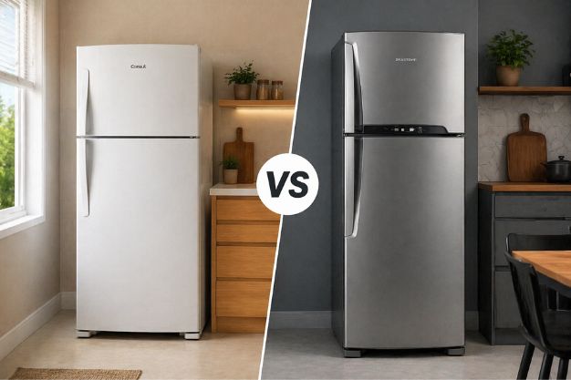 Duas geladeiras lado a lado em cozinha moderna, modelo inox e modelo branco, representando comparação entre opções de geladeira