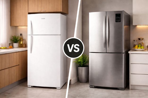 Comparação entre geladeira branca tradicional e geladeira inox moderna lado a lado em cozinhas