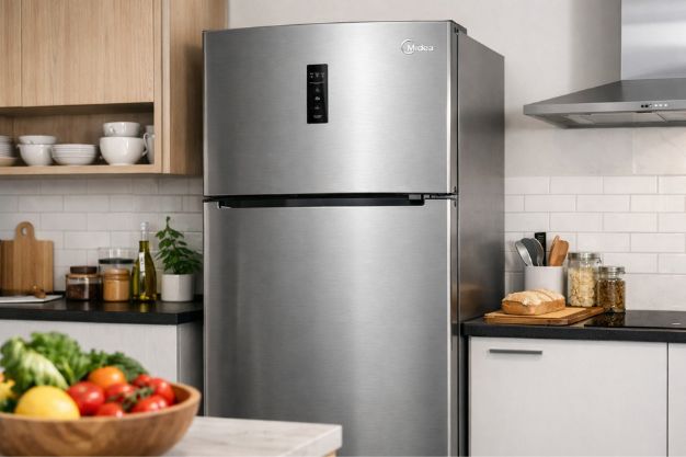 Geladeira midea inox duplex moderna em cozinha planejada com design contemporâneo