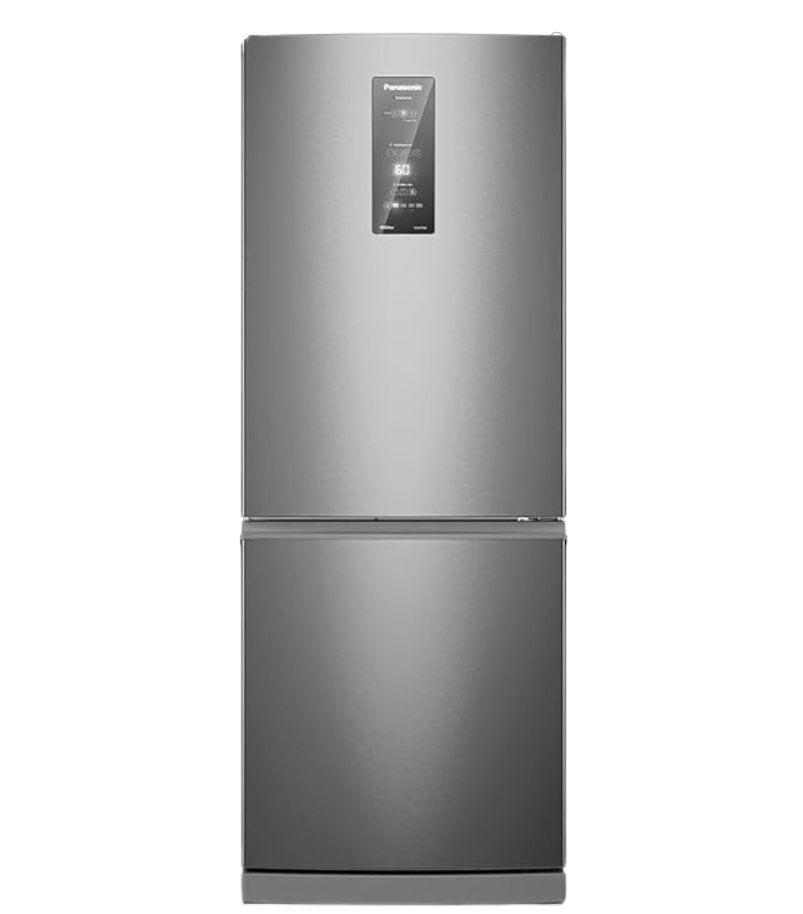 Geladeira Panasonic inox duplex com painel digital frontal e acabamento escovado