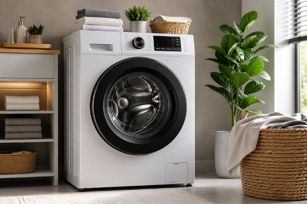 Máquina de lavar roupas frontal moderna em lavanderia organizada e iluminada