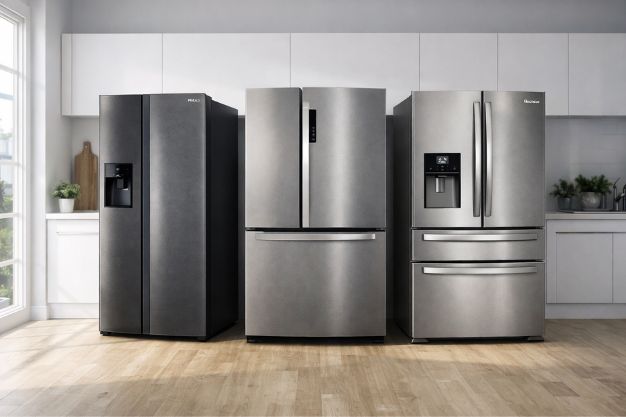 Três geladeiras grandes de inox acima de 500 litros em cozinha moderna bem iluminada