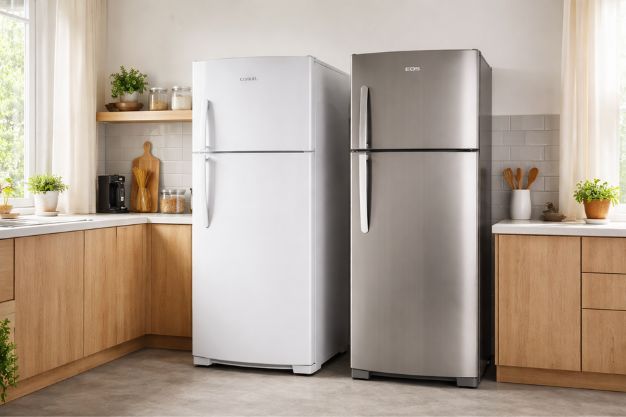 Duas geladeiras duplex, uma branca e uma inox, posicionadas lado a lado em cozinha moderna e organizada