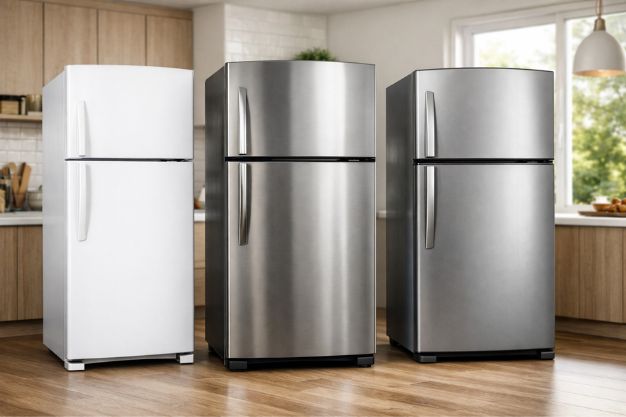 Geladeiras duplex modernas lado a lado em cozinha iluminada, representando opções de geladeira até 3000 reais