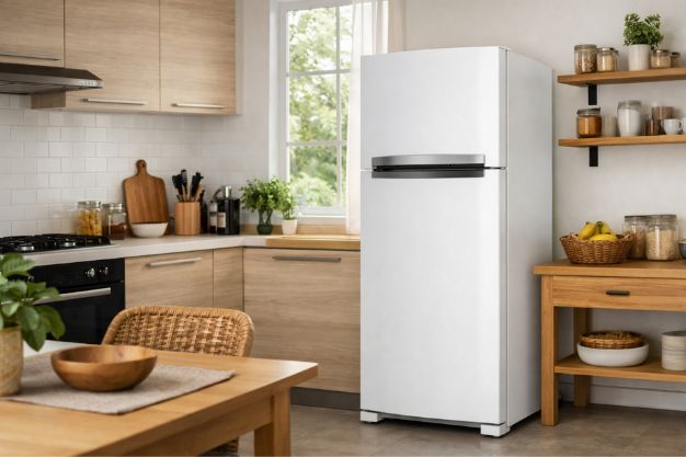 melhor-geladeira-duplex Geladeira duplex branca em cozinha moderna e bem iluminada com ambiente organizado